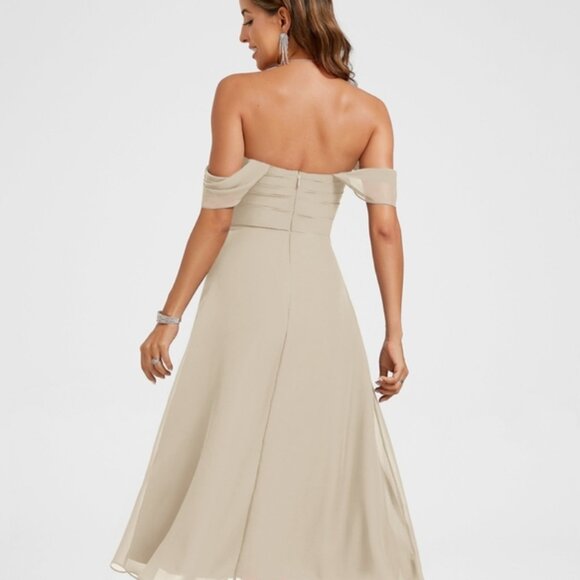 NEW!  Size Medium - Sand - A Line off the shoulder Chiffon Cocktail Dress - Picture 2 of 3